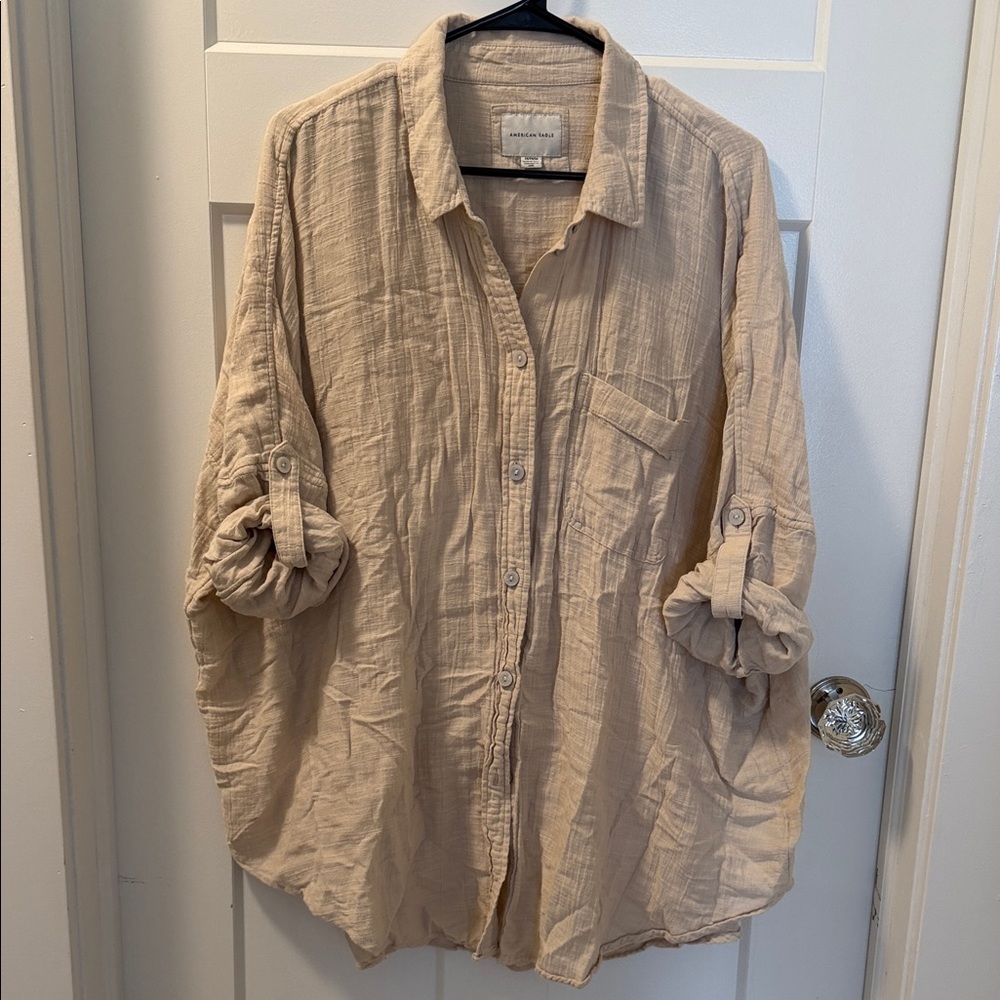 American Eagle Outfitters Beige Button-Up Gauze Shirt